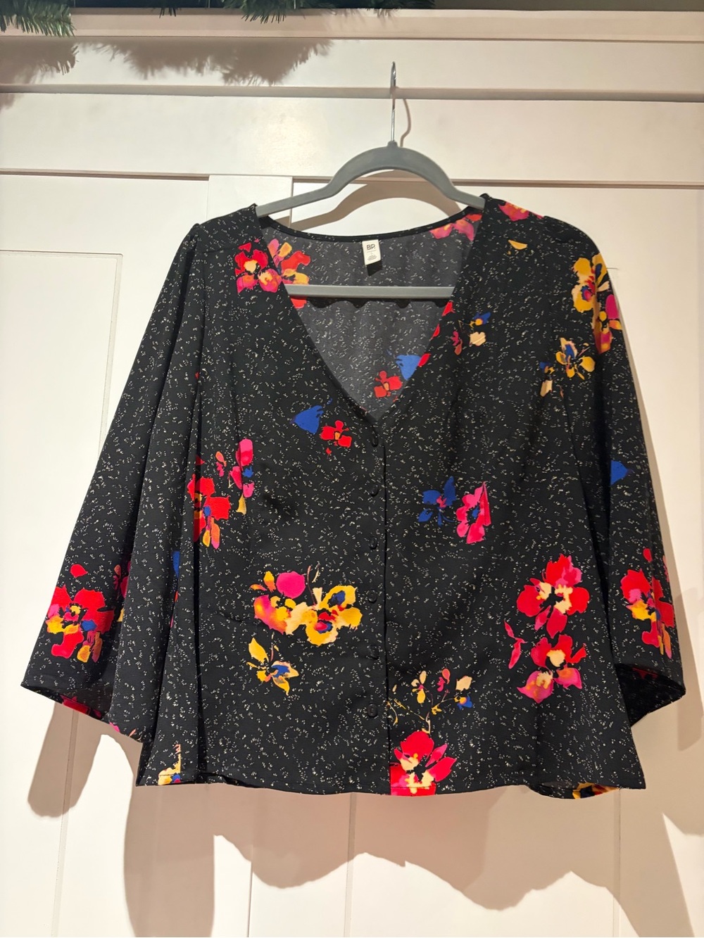BP Black Floral Button-Front Women's Top